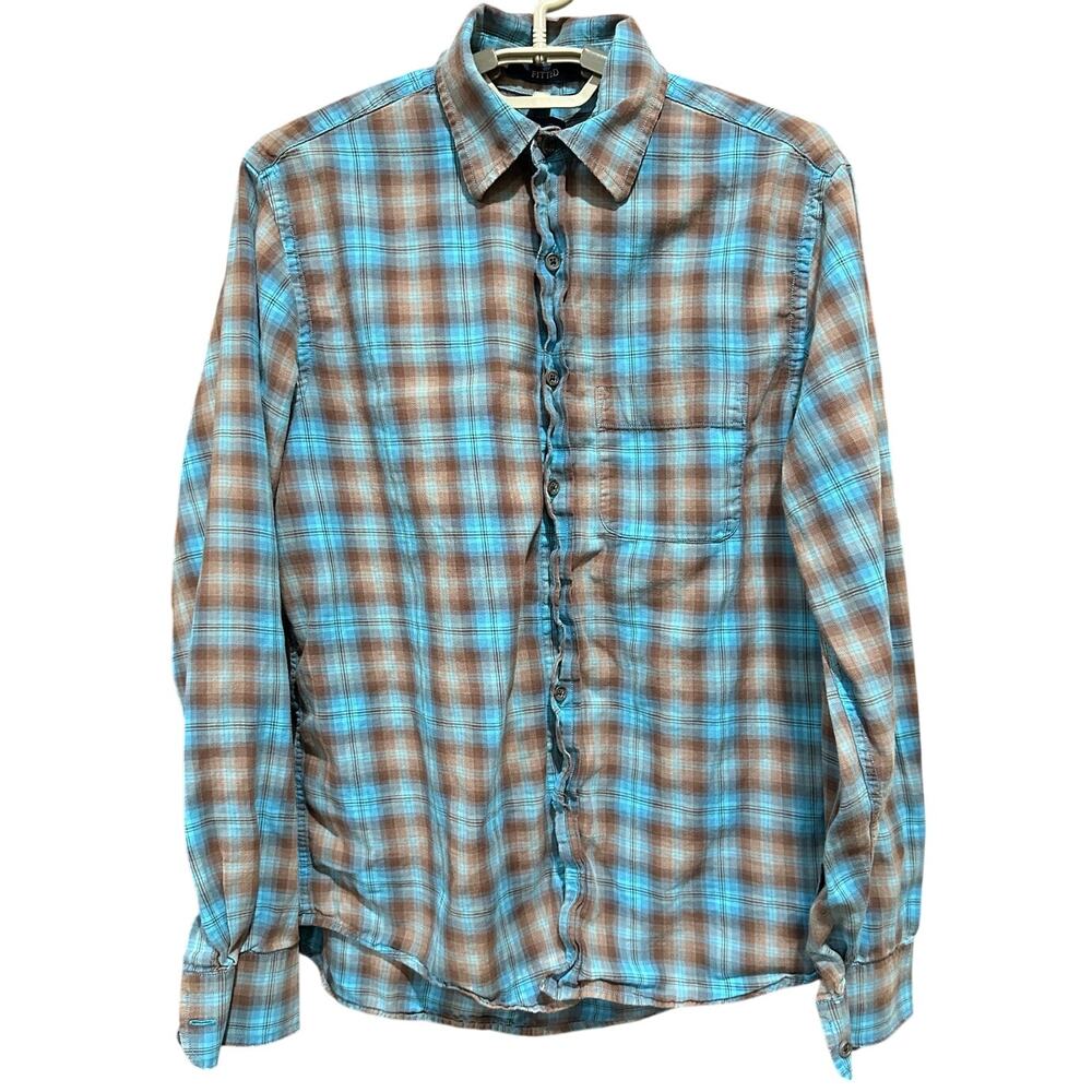 Gap Fitted Shirt Button Up Men Size S Blue Brown Plaid Long Sleeve Cotton FLAW